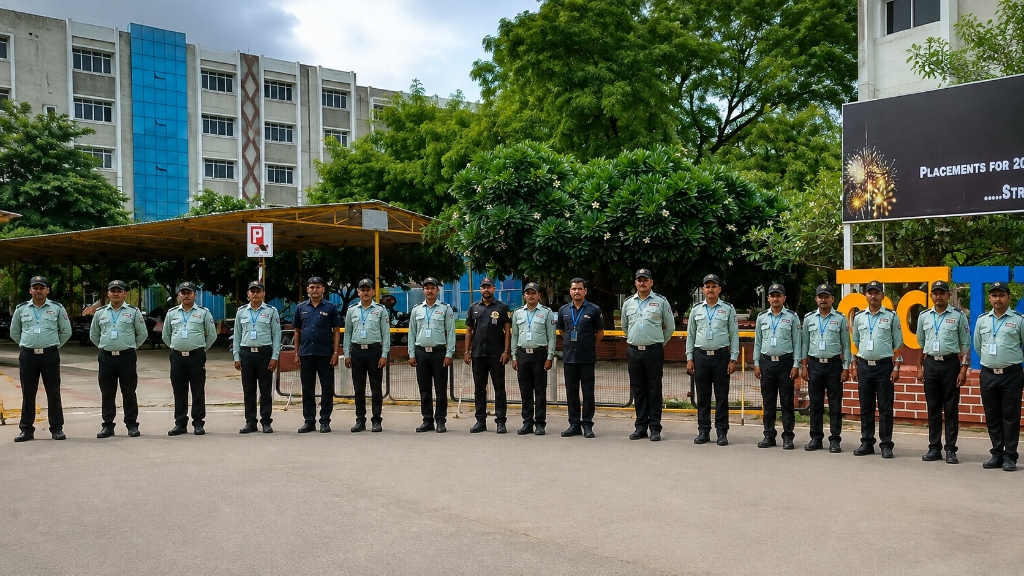 A lineup of uniformed Bharathi security personnel standing in formation at an institutional campus