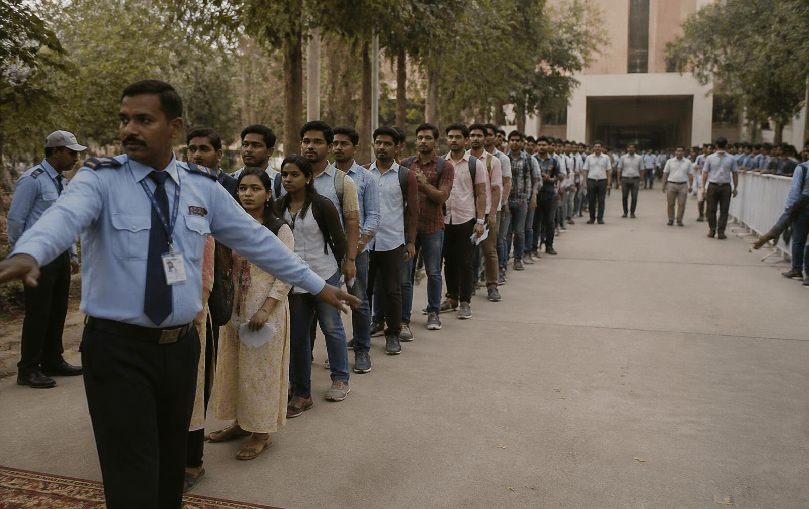 Personnel managing an orderly queue at an institutional campus