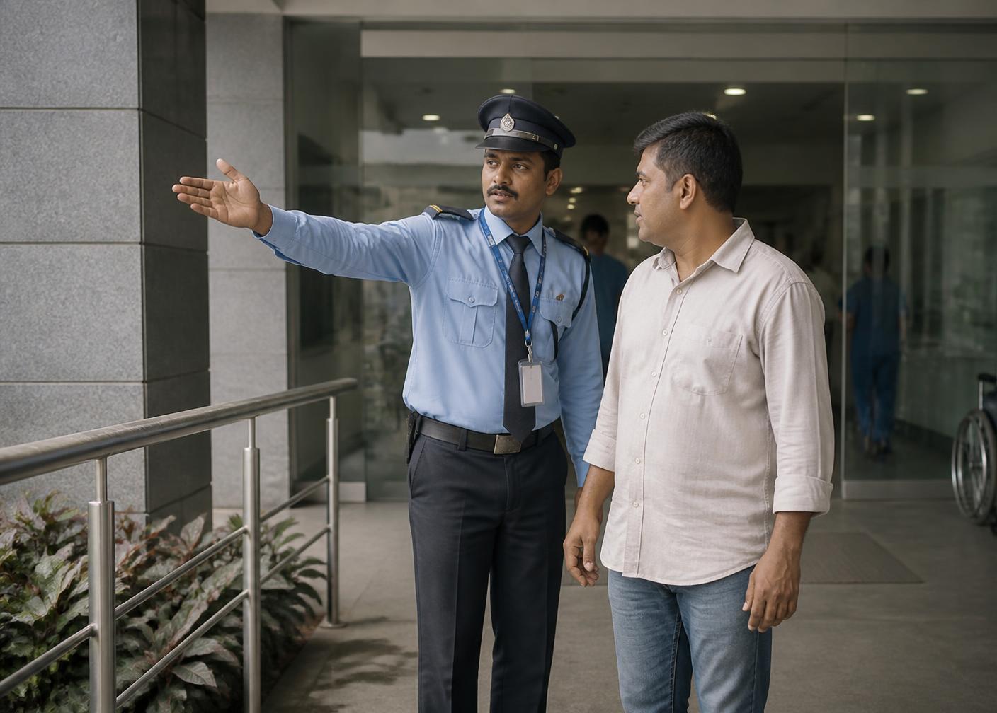 Security officer directing a visitor at a hospital entrance