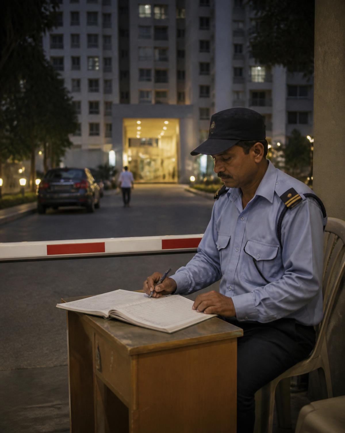 Security officer maintaining the entry register at a residential complex gate