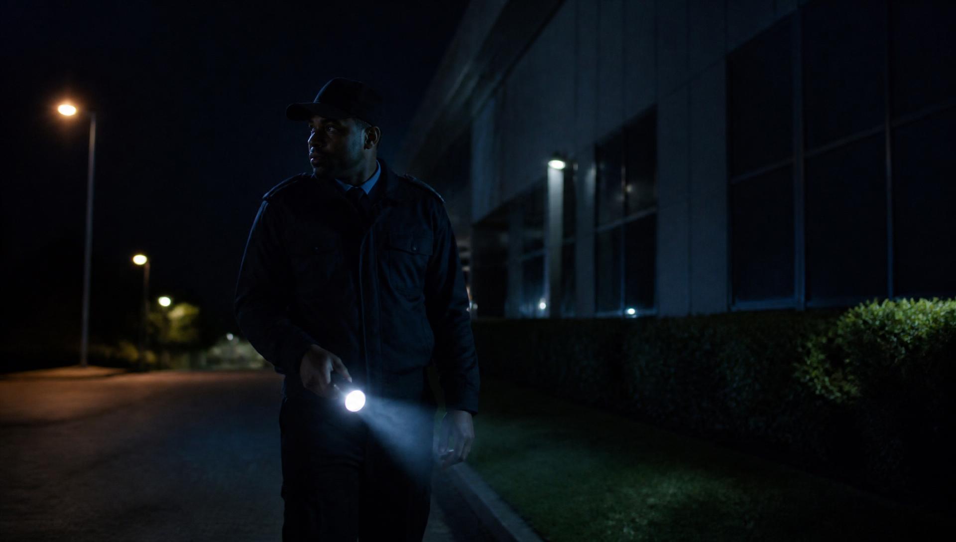 Security officer on night patrol along a commercial building perimeter