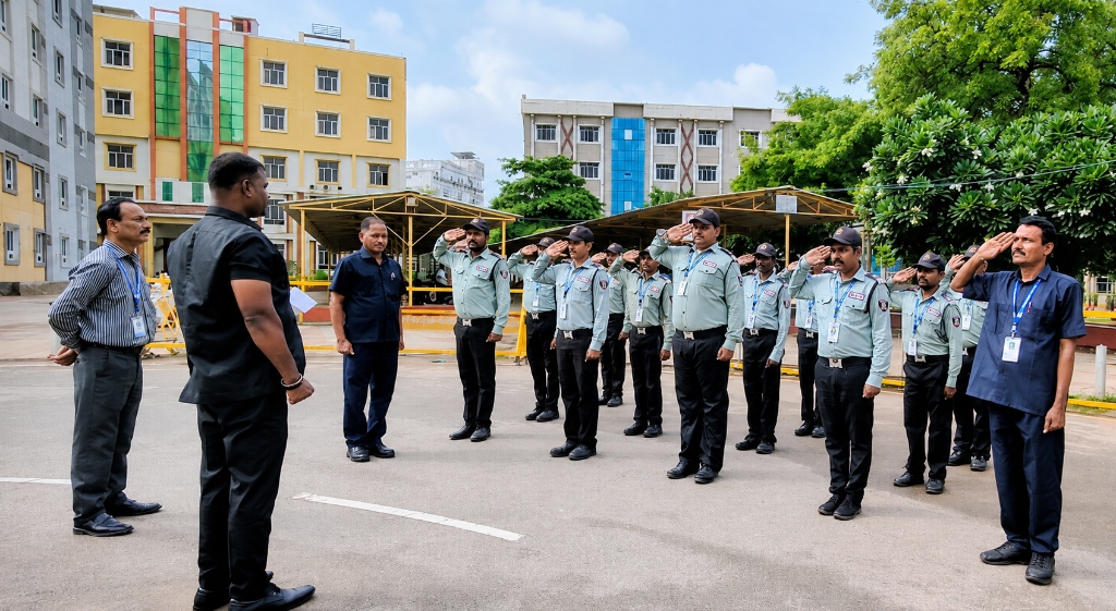 Security personnel standing in alignment and saluting during a supervised post inspection