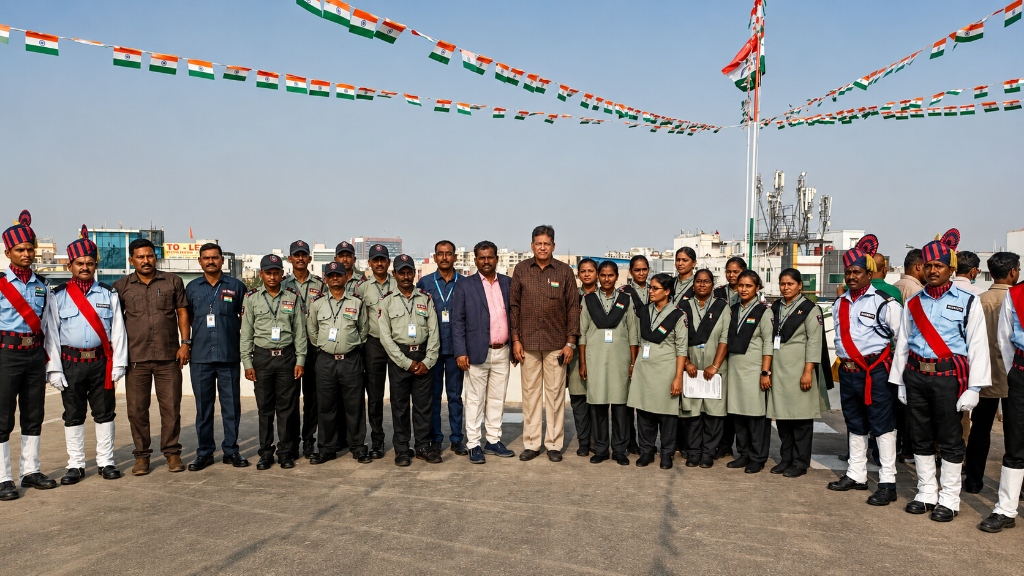 Bharathi security personnel standing in formal ceremonial turnout on a rooftop with flags